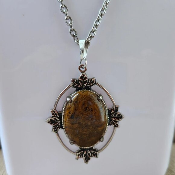 Vintage Pendant Women Necklace Brown Stone Silver Tone Chain Fashion Jewelry - Picture 10 of 12